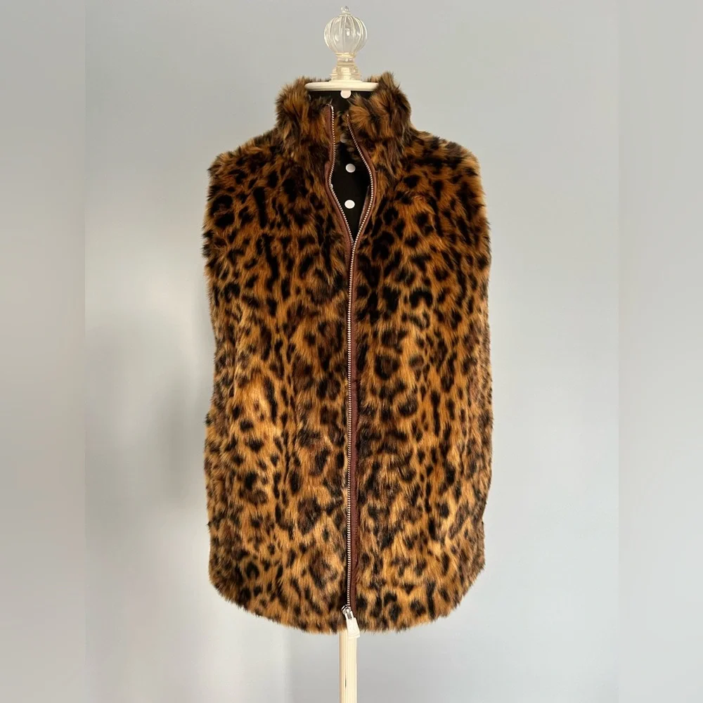 NWT J Crew faux fur vest leopard brown black print zipper XS - Picture 2 of 5